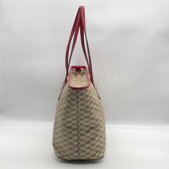 Michael Kors Beige Canvas And Red Leather Trim Monogram Tote Bag - Picture 4 of 10